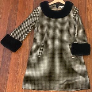 Tyler Boe Black and White Houndstooth Dress with Faux Fur Trim
